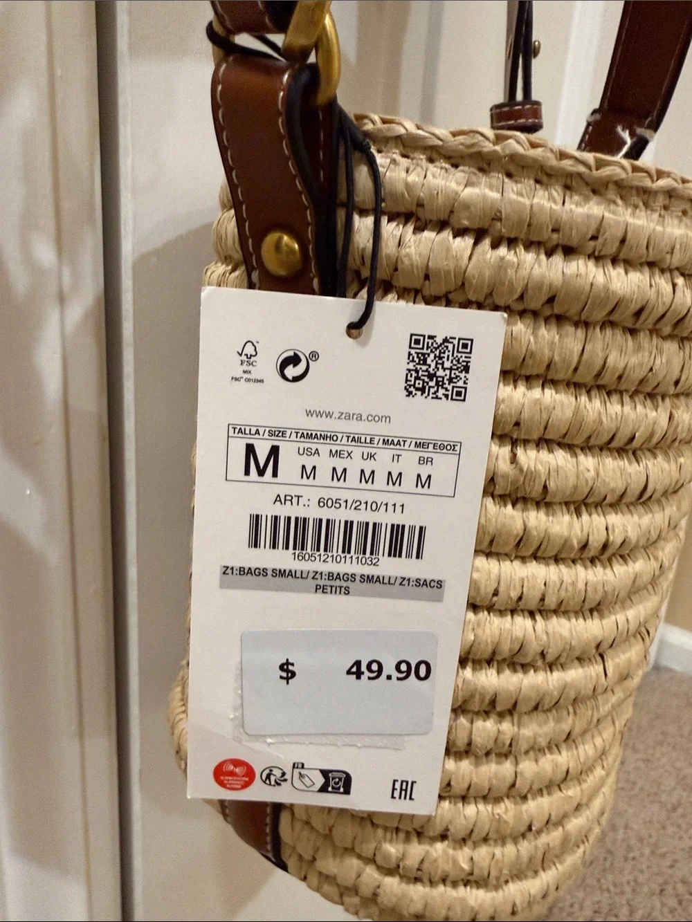 ZARA Cream and Brown Straw Bucket Crossbody Bag